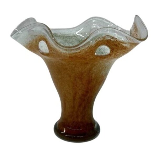 Handblown Glass Art Vase With Wavy Rim & Earth Tone Swirl Design - Picture 2 of 5